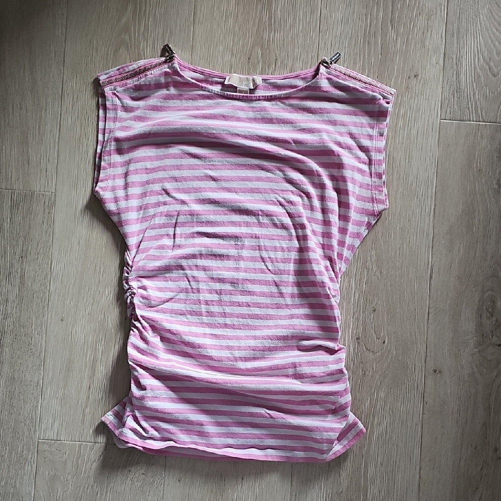 Michael Kors Pink and White Striped Short Sleeve Top